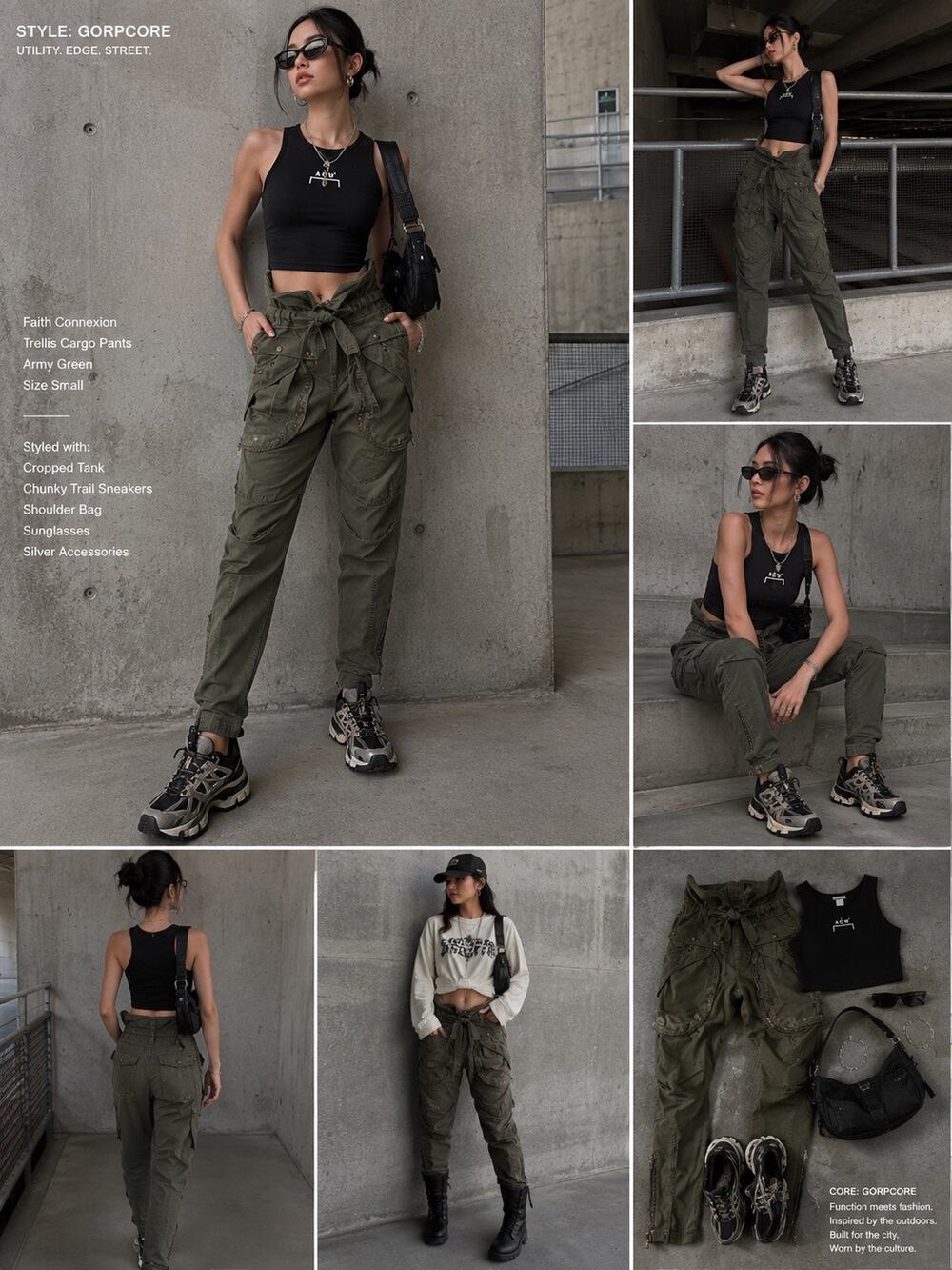 Faith Connexion Trellis Cargo Pants Small Army Green High Tie Waist Designer